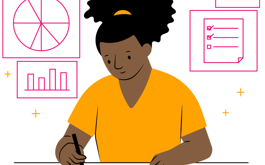 A woman sitting at her desk working on a calculator and taking notes after following these 5 top budget tips to save money.