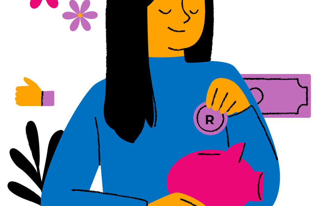 A woman happy puts a coin into a piggy bank after following Money Magnet's 20 easy money saving tips.