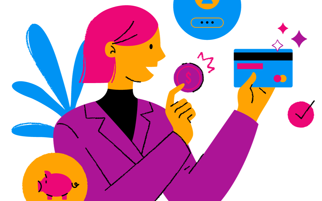 A woman looking at all her credit options to us to hr advantages from credit cards to the advantages of bank loans.