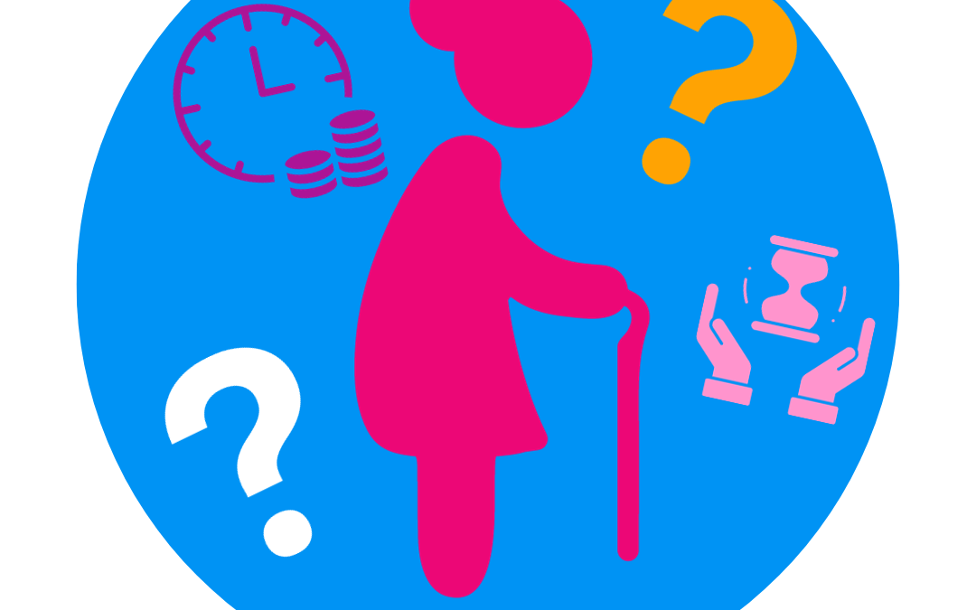 A pink old woman icon with walking stick in a blue circle showing concerns for financial planning for retirement
