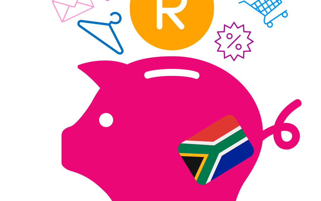 A colourful pink piggy bank with a large Rand coin going in surrounded by expense icons to present 7 money saving tips in South Africa.