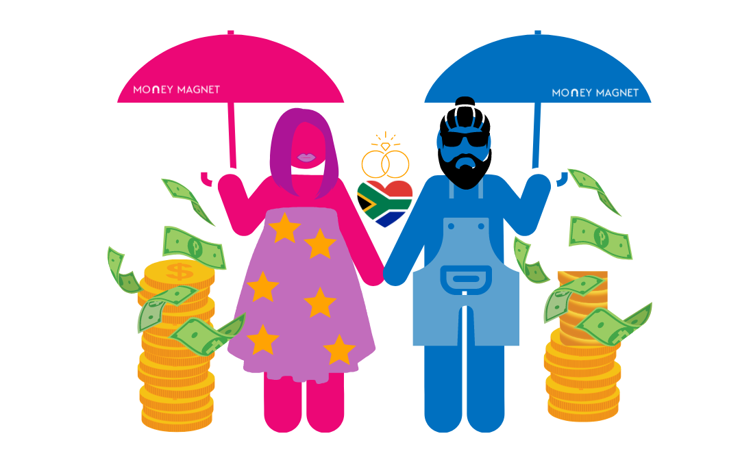 A south African couple holding hands showing us how to handle finances in a marriage by holding umbrellas over their money.