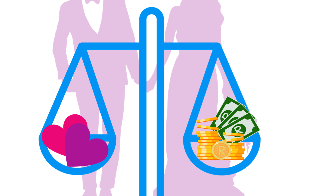 a married couple behind a balance weighing love and money as they discuss the top tips in managing finances in marriage as South Africans.