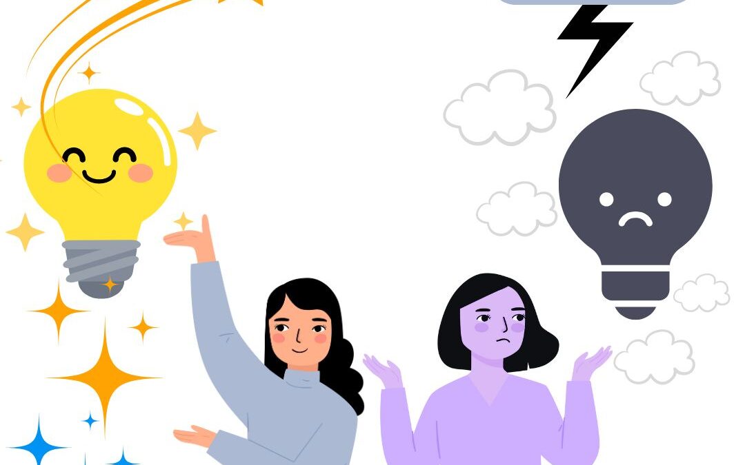 A happy and a sad woman, one with a bright and the other one with a dim light bulb showing the effect of redefining success