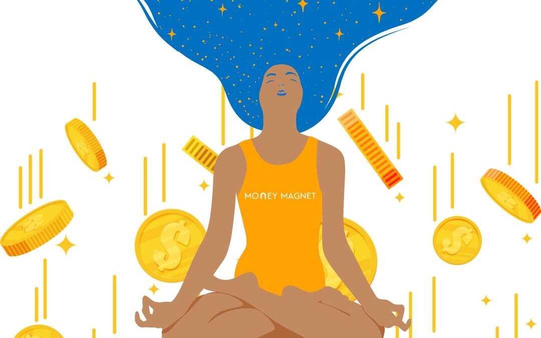 Woman meditating on positive money mindset while coins are raining down on her