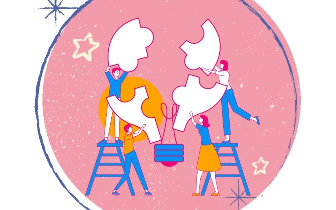 Two women and two men putting a light bulb together to symbolize the forming of an idea in terms of how to turn a business idea into reality.