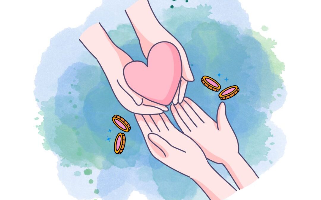 Two hands giving a heart to two other hands with coins falling down on each side symbolising the benefit of donating to charity