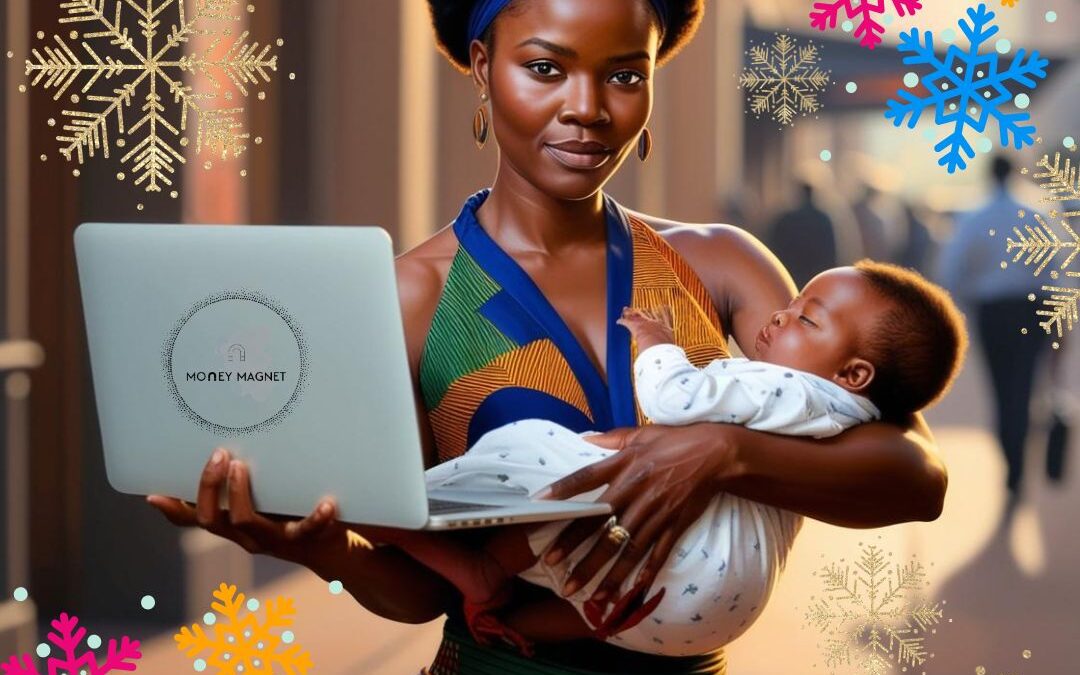 Woman holding a baby and her laptop, showing how to balance work and life during the festive season