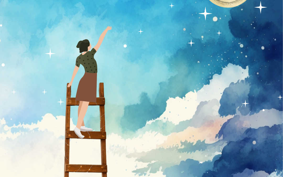 Woman standing on a ladder reaching for the moon and starts symbolizing her setting financial goals and achieving them.